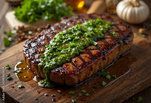 Argentinian chimichurri steak fresh from the grill, caramelized crust, bright green herb sauce, aromatic garlic and parsley.