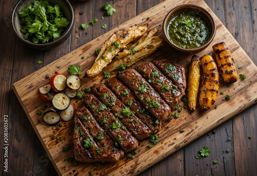 Overhead view of Argentinian chimichurri steak served on a rustic wooden board, herb sauce in a small bowl, grilled vegetables, fresh parsley, artisan presentation.