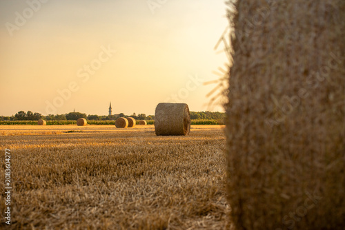 Bales of hay in a field during sunset near Bekes in Hungary with a distant church tower visible
