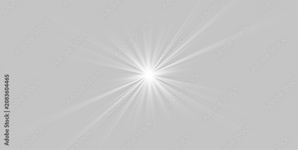 Fototapeta premium Abstract glow star, white shine light, starburst beam sunshine glowing isolated image. Soft glow without departing rays, sunlight with lens flare effect. Realistic silver sun ray. Vector illustration.