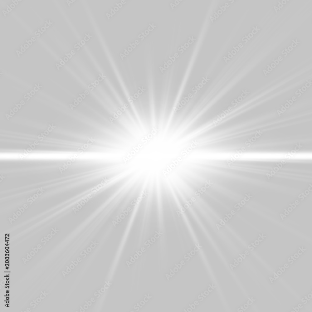 Fototapeta premium Abstract glow star, white shine light, starburst beam sunshine glowing isolated image. Soft glow without departing rays, sunlight with lens flare effect. Realistic silver sun ray. Vector illustration.