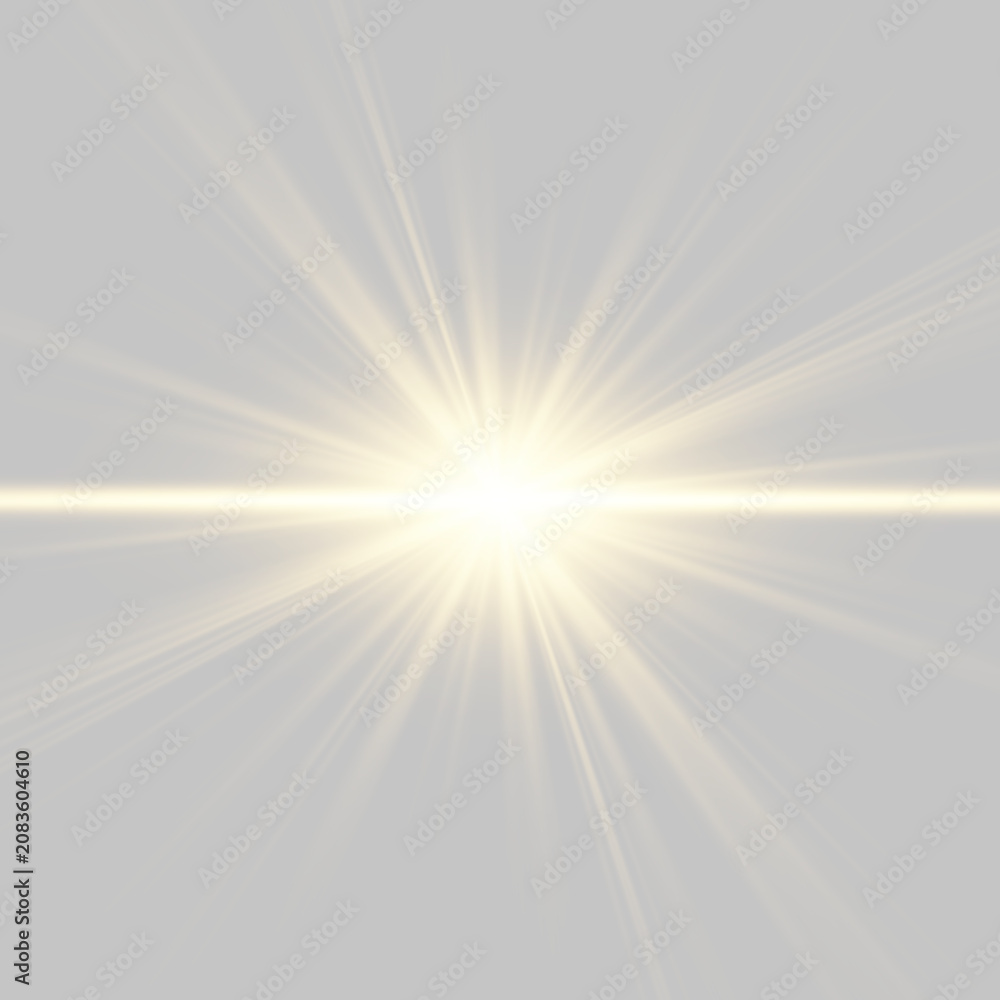 Obraz premium Luminous golden starburst with sparkling light rays and radiant sunshine glow. Brilliant flash creates a realistic lens flare with glowing shine. Vector illustration png.