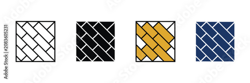 Parquet flooring icons illustrating wood tile patterns, flooring materials, interior surface design, home improvement, and clean minimalist vector graphics for construction applications.