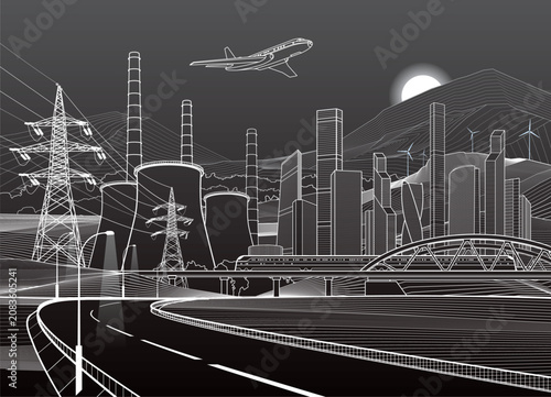 Illuminated highway in mountains. Infrastructure illustration. Modern city at background, tower and skyscrapers, business buildings. Train rides on bridge, airplane in the sky. Power plant, energy