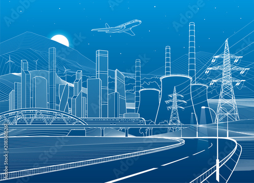 Illuminated highway in mountains. Infrastructure illustration. Modern city at background, tower and skyscrapers, business buildings. Train rides on bridge, airplane in the sky. Power plant, energy.