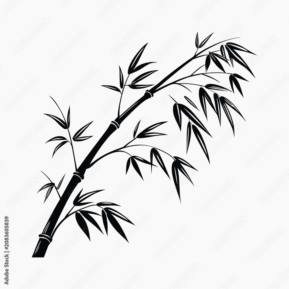 Obraz premium Black and white bamboo stalk illustration with leaves on simple light background.