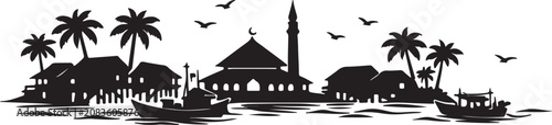 Tropical Island Mosque Village Coastal Landscape
