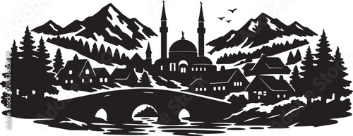 Mountain Village Mosque Silhouette With Stone Bridge
