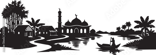 Rural Riverside Village Mosque Landscape Silhouette

