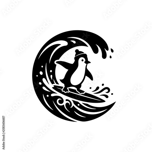 Photography Penguin surfing on a big ocean wave crest.