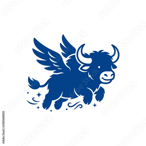 Slika na platnu Blue winged bull mascot jumping in cartoon style
