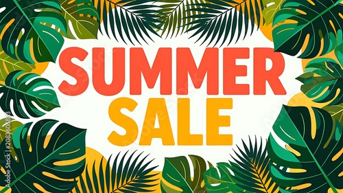 Trendy summer sale banner design background with tropical palm on yellow background. Vector Illustration