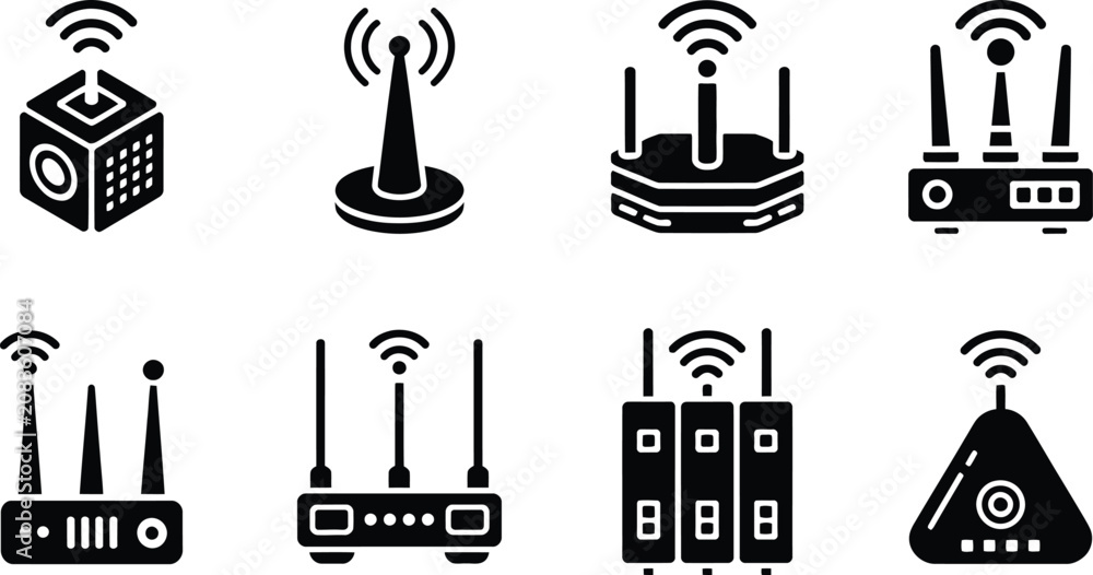 Naklejka premium Wi-Fi Router, Modem, and Network Switch Black Vector Icon