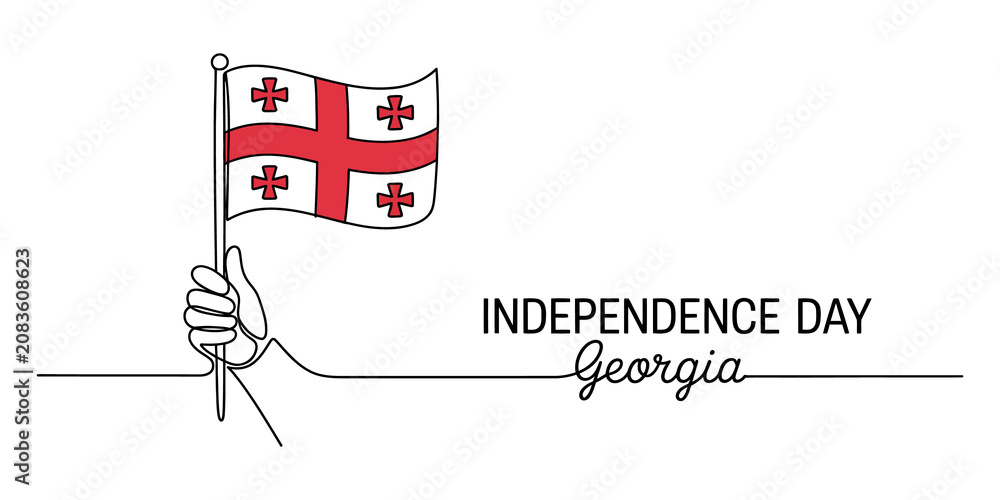Obraz premium Continuous line drawing Independence Day, Georgia flag, hand holding flag, national holiday, patriotic symbol