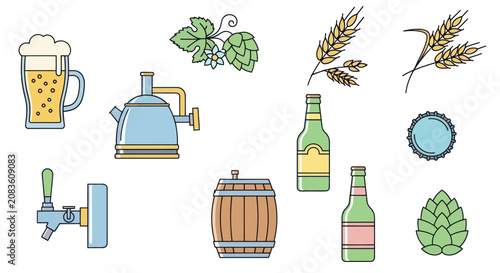 Flat Design Beer Brewing Elements Vector Set