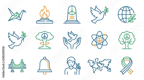 Tableau sur toile IconaStudio 2 Hiroshima Peace Day Outline Icon Collection featuring folded paper