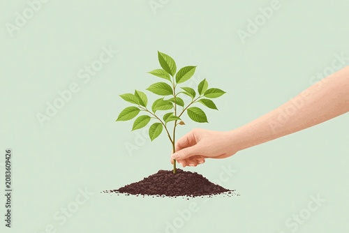 Cartoon hand planting a small tree sapling (only hand visible, cartoon style), soil pile, green background, reforestation concept