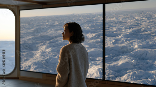 Vietnamese climate scientist reviews decades of ice sheet retreat imagery projected floor-to-ceiling in polar research station, solitary figure standing before before-and-after