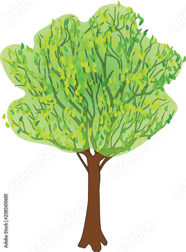 Bright Green Leafy Tree with Brown Trunk Watercolor Style Vector Illustration