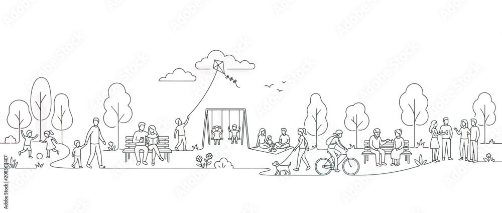 Obraz premium People enjoying outdoor activities in a park, line drawing illustration