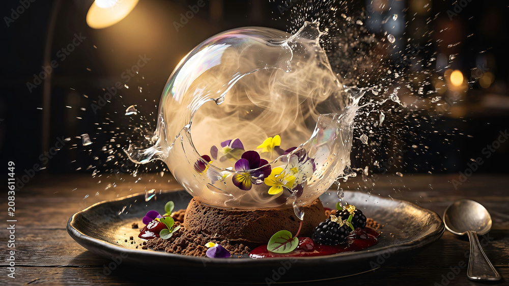 Naklejka premium Molecular gastronomy dish with smoke and edible flowers, fine dining art