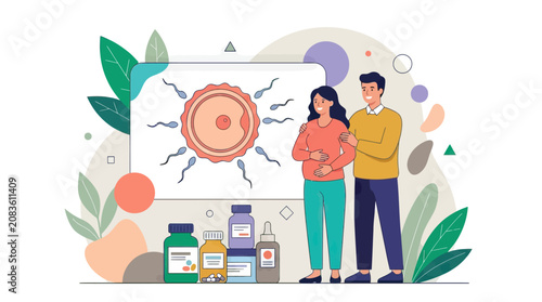 Tableau sur toile Couple and Fertility Treatment with Ovum and Sperm Illustration