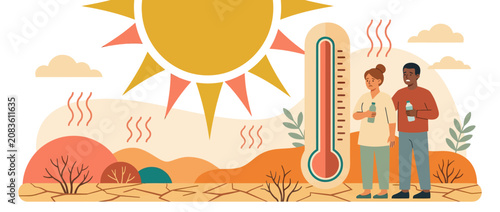 Obraz na płótnie Couple enduring extreme heatwave with thermometer and parched landscape