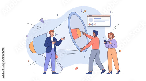 Foto Team promoting message with giant megaphone, marketing concept illustration