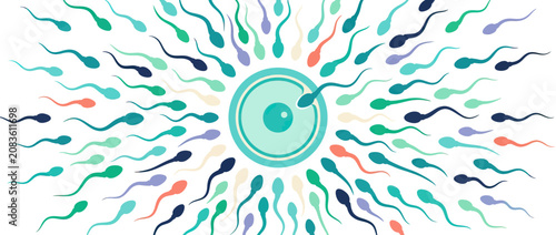Bild auf Leinwand Fertilization: Sperm cells surrounding egg cell for conception and reproduction,