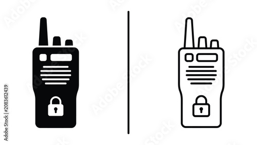 Fotografie Two black and white line art illustrations of walkie talkies with lock symbols o