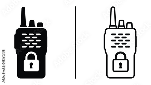 Photos Two black and white walkie talkie silhouettes with lock icons representing secur