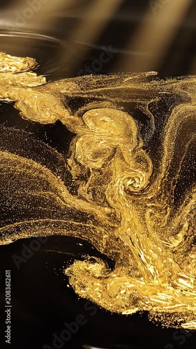 Macro of viscous glossy black liquid with drifting concentrated molten gold loop / 漆黒の流体に純金のエッセンスがゆっくり溶け合う重厚な高級抽象ループ4
