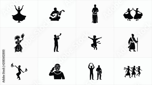 Diverse cultural silhouettes celebrating traditional performances with musical instruments and dance poses for heritage events