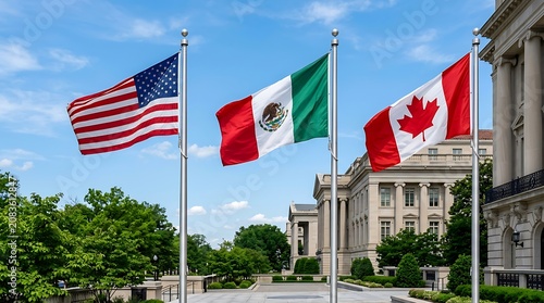 Waving USA Mexico and Canada Flags Against Blue Sky