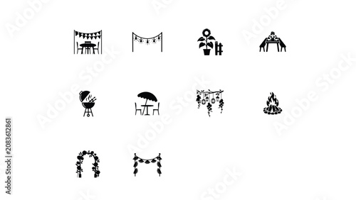 Minimalist black and white icon set showcasing outdoor gathering and celebration elements for event planning