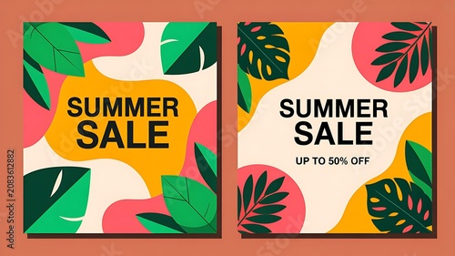 Green summer tropical background with exotic palm leaves and hibiscus flowers. Vector floral background. Sale banner or flyer template.