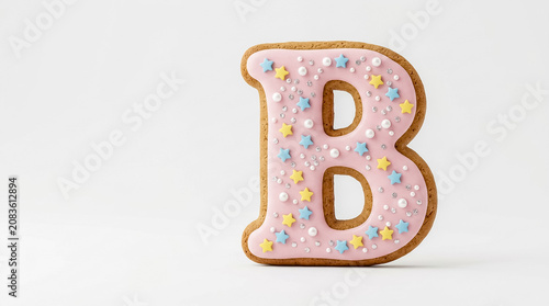 Pink Decorated Letter B Cookie on White Background