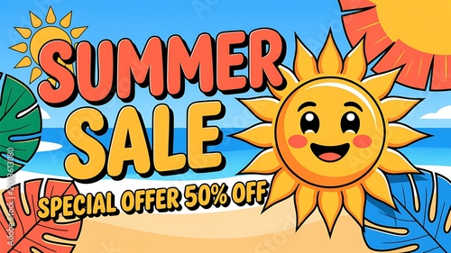 fresh summer sale with beach background editable text style effect illustrator. vector design template