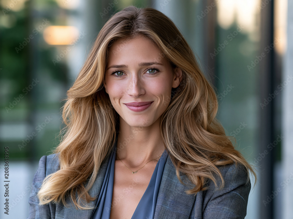 Obraz premium friendly female call agent smiling in modern glass office, professional customer support representative with warm welcoming expression, confident businesswoman in colorful suit