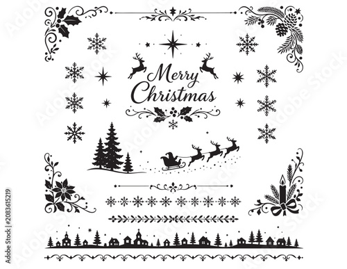 Elegant Christmas vector design elements, festive holiday borders and corners, decorative winter season illustrations for greeting cards and invitations, black and white graphic resource set.