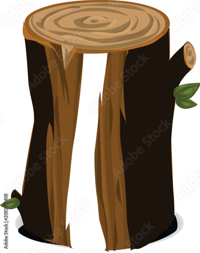 Old Wooden Tree Stump with Rings and Green Sprout Leaves Vector Illustration