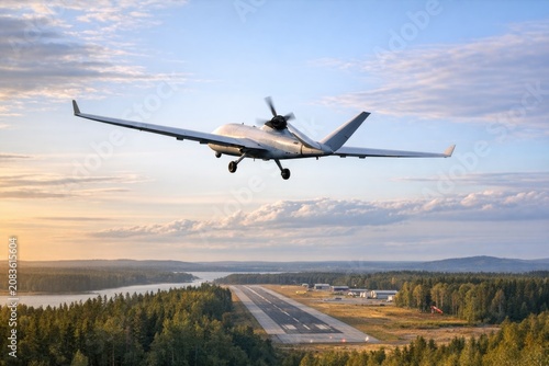 A plane takes off from a runway in the sky, with grassy terrain and possibly some trees below