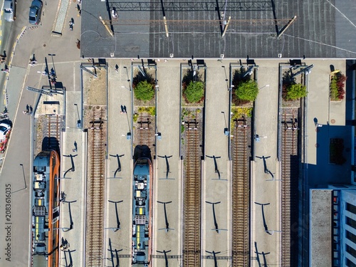 Tableau sur toile Aerial top down view of Baltic Station railway tracks and trains in Tallinn