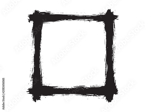 Grungy black square frame, distressed ink brush stroke border, rough textured graphic element, abstract artistic design for overlays and masks