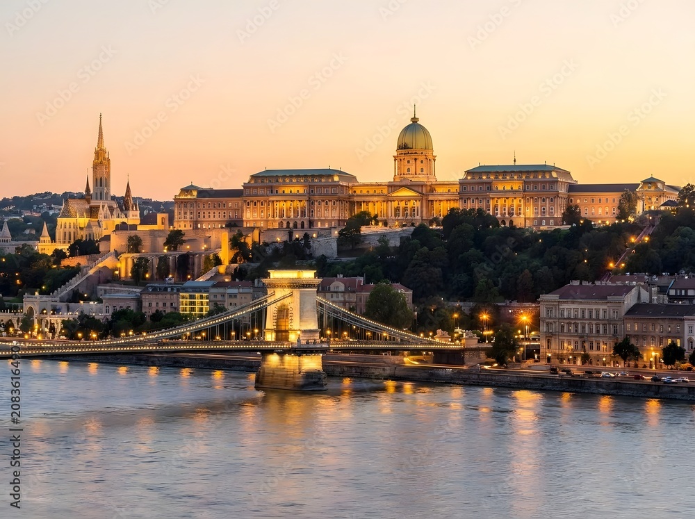 Fototapeta premium Budapest castle hill illuminated at dusk with chain bridge and danube river view.