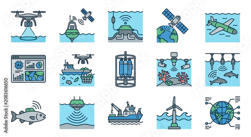 Cuadro en lienzo Ocean Conservation Technology Icons Set with Drones Sensors AI Monitoring and Ma