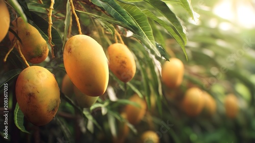Fresh ripe mangoes hanging from a tropical tree