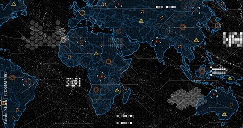 Tableau sur toile View expanding revealing neon-blue global map, HUD animating, icons connecting,