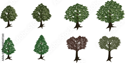 Various Green Forest Tree Types Collection Set Isometric Style Vector Illustration