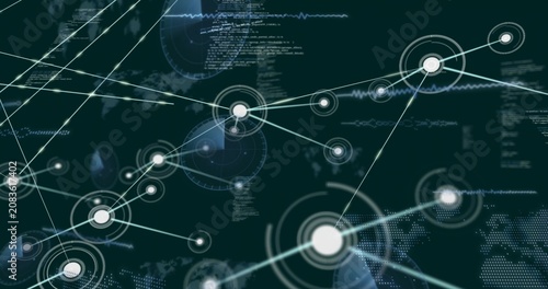Hub pulsing and initiating beams, tech network growing with nodes code waves map showing flow